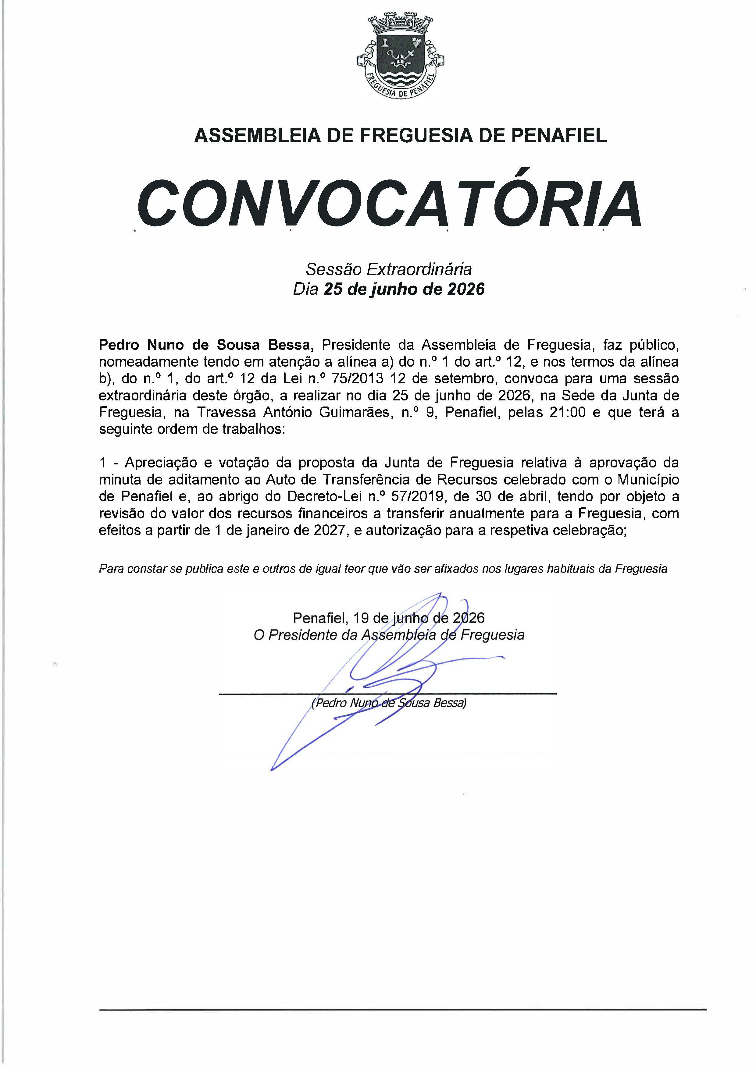 Convocatória Sessão Extraordinária de 25 junho 2026 - Assembleia de Freguesia